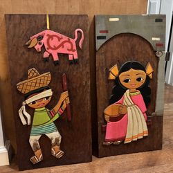 Mid-Century Hand-Carved Wood Wall Art Panels (Set of 2)