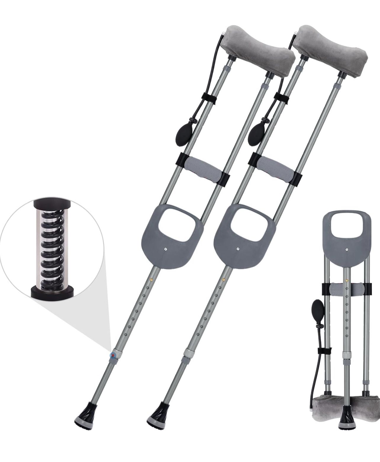 Shock-Absorbing Foldable Crutches, 13-Level Adjustable Height Fits for Individuals 4'7'' to 6'1'', Crutches for Adults with Inflatable Comfort Pad, Su