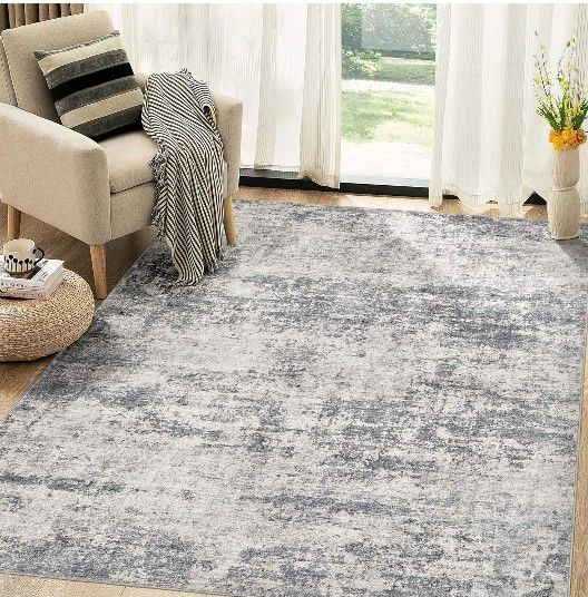 5x7 Washable Abstract Area Rug (Dark Gray/Beige)