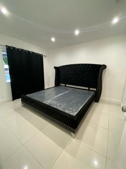 Black Velvet Tufted Sleigh Bed Frame