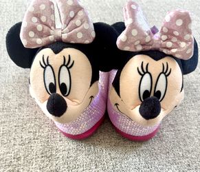 Disney Minnie Mouse Kids Pink Sequin Plush Slippers w/ Polka Dot Bows Size 9-10