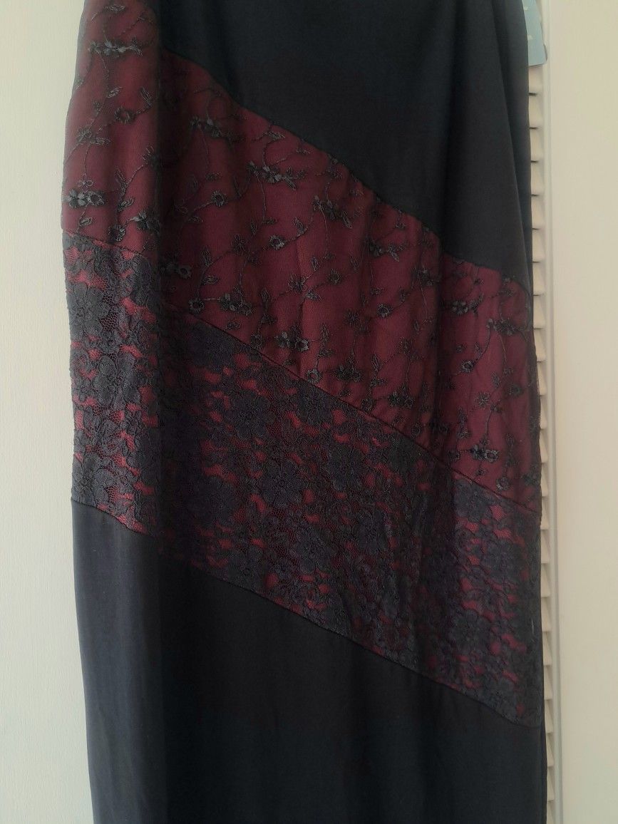 NEW Long Black Sleek Skirt With Maroon & Black Lace Accent