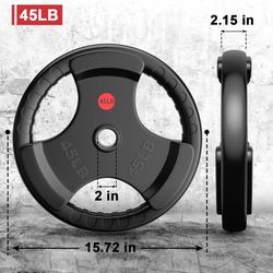ONLY 1 GIKPAL 90lbs Weight Plates 2 Inch Rubber Coated Olympic Weight Plate for Strength Training & Weightlifting in Home Gym, Solid Cast Iron Bumper 