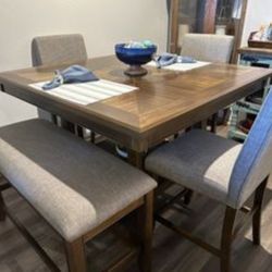 Hyland Brown Grey 48″ Counter-Height Table Set w/ Lazy Susan, Bench & Stool – Dismantled  Table for Easy Pickup