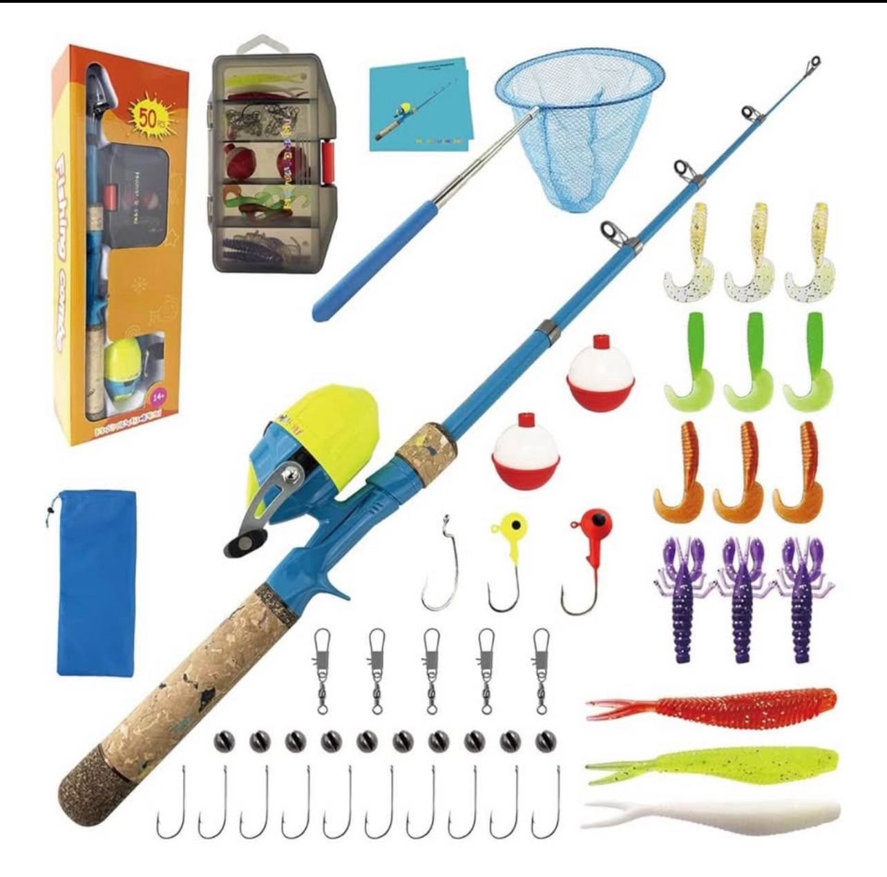 Brandnew Kids Fishing Pole Set, Kids Fishing Rod and Reel Combo and Fishing Net Tackle Box with Lures Hooks and Bag for Boys Girls Youth Fish