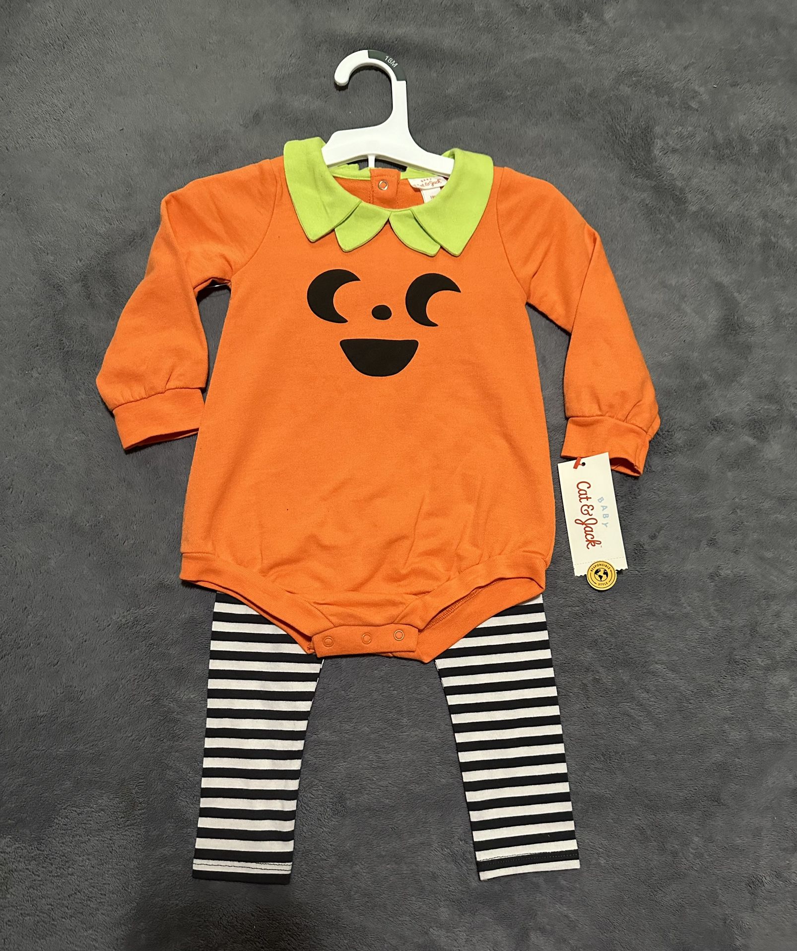 NEW Cat & Jack Baby Halloween Pumpkin Face Romper & Leggings Outfit Set