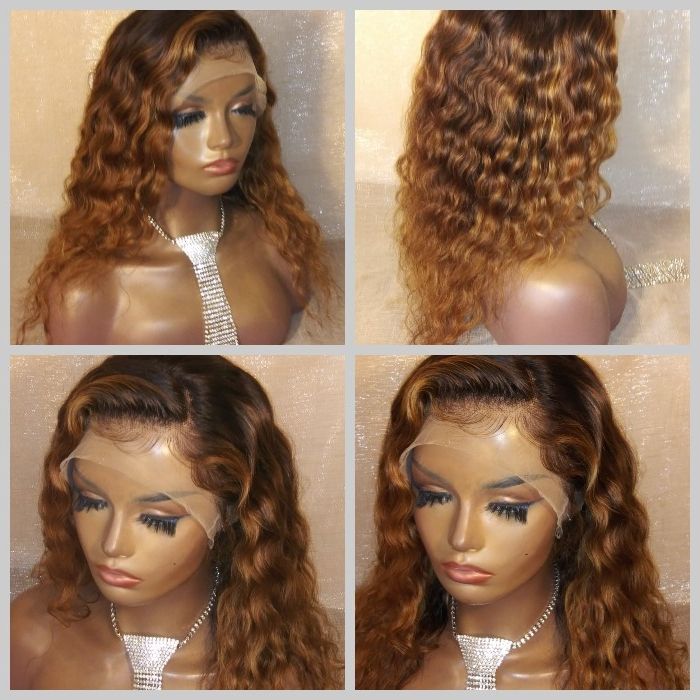 16 inch Glueless Ombre Deep Wave Lace Front Wig 1b/30/27