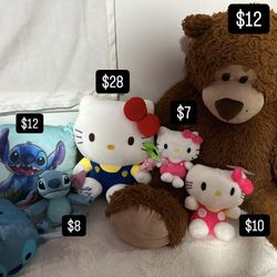 Hello kitty, stitch, bear, plushies