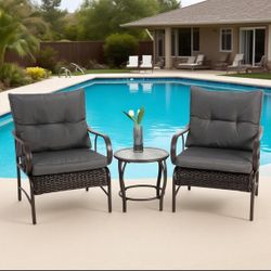 3 Pieces Patio Furniture Set, Outdoor Wicker Furniture Set, All-Weather Steel Frame with Removable Cushions & Glass Top Table for Garden, Poolsi