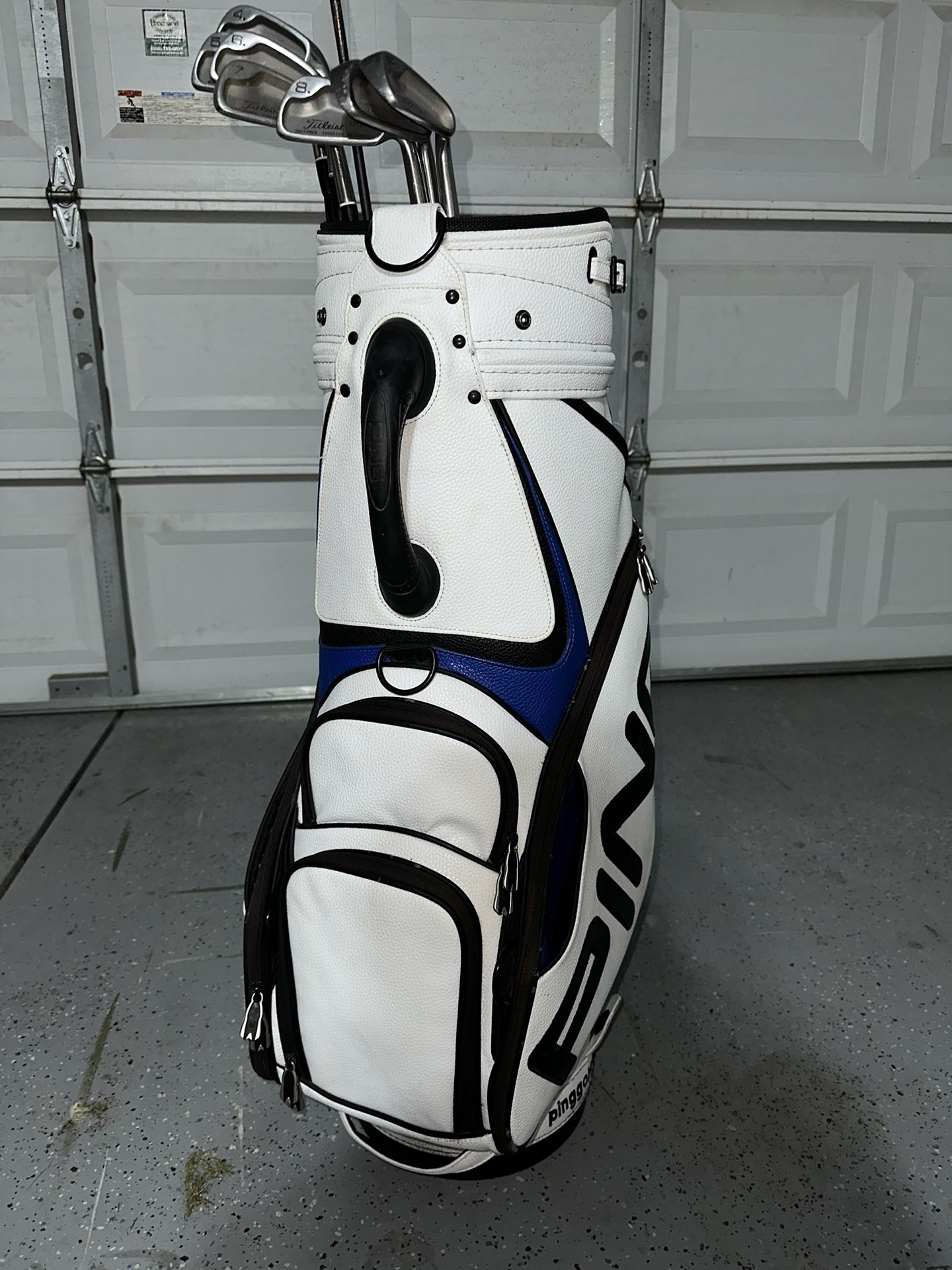 Leather PING Golf Bag + Titleist Irons