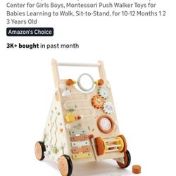 Wooden Baby Walker, Baby Push Walker with Activity Center for Girls Boys, Montessori Push Walker Toys for Babies Learning to Walk, Sit-to-Stand, for 1