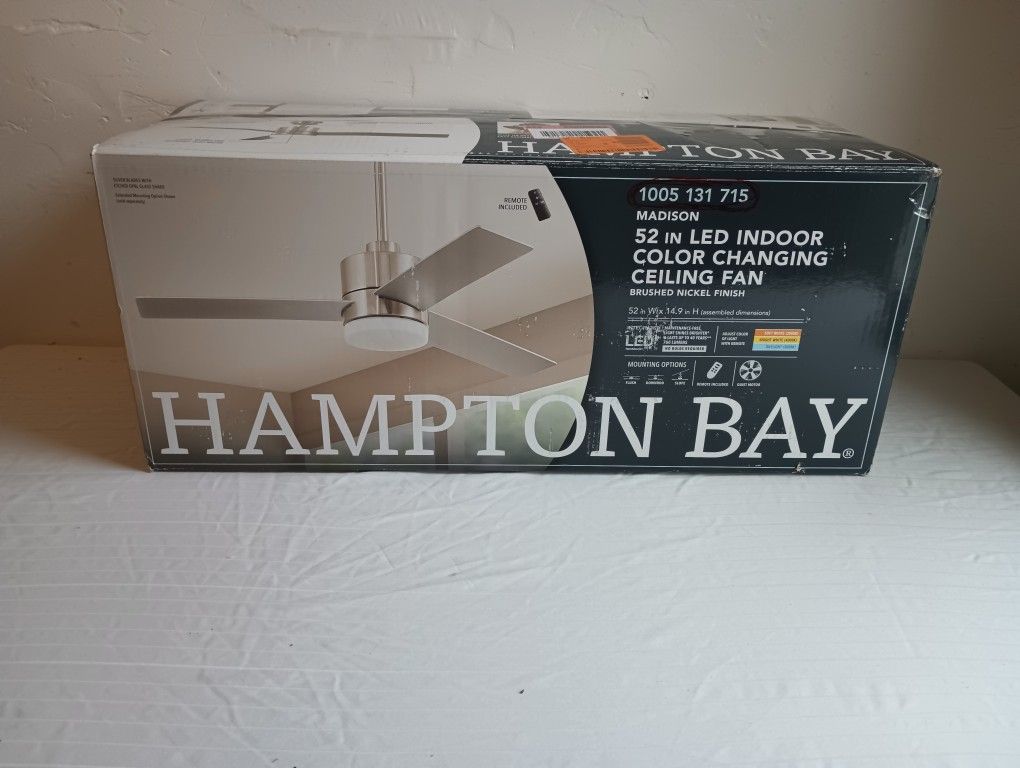 Hampton Bay Ceiling Fan 52in. Integrated LED Brushed Nickel Ceiling Fan With Light Kit And