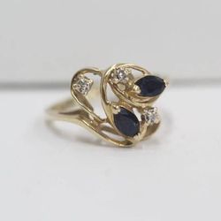 14K Yellow Gold Diamond Floral Ring w/sapphire gemstones (Size 6)
