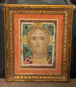 Vintage Jesus Christ Portrait Folk Art Icon 14¾"x16¾" Framed Watercolor Painting