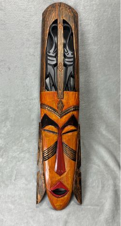 Hand Carved  Wooden  Vintage African Mask  with Elephant Detail 31”