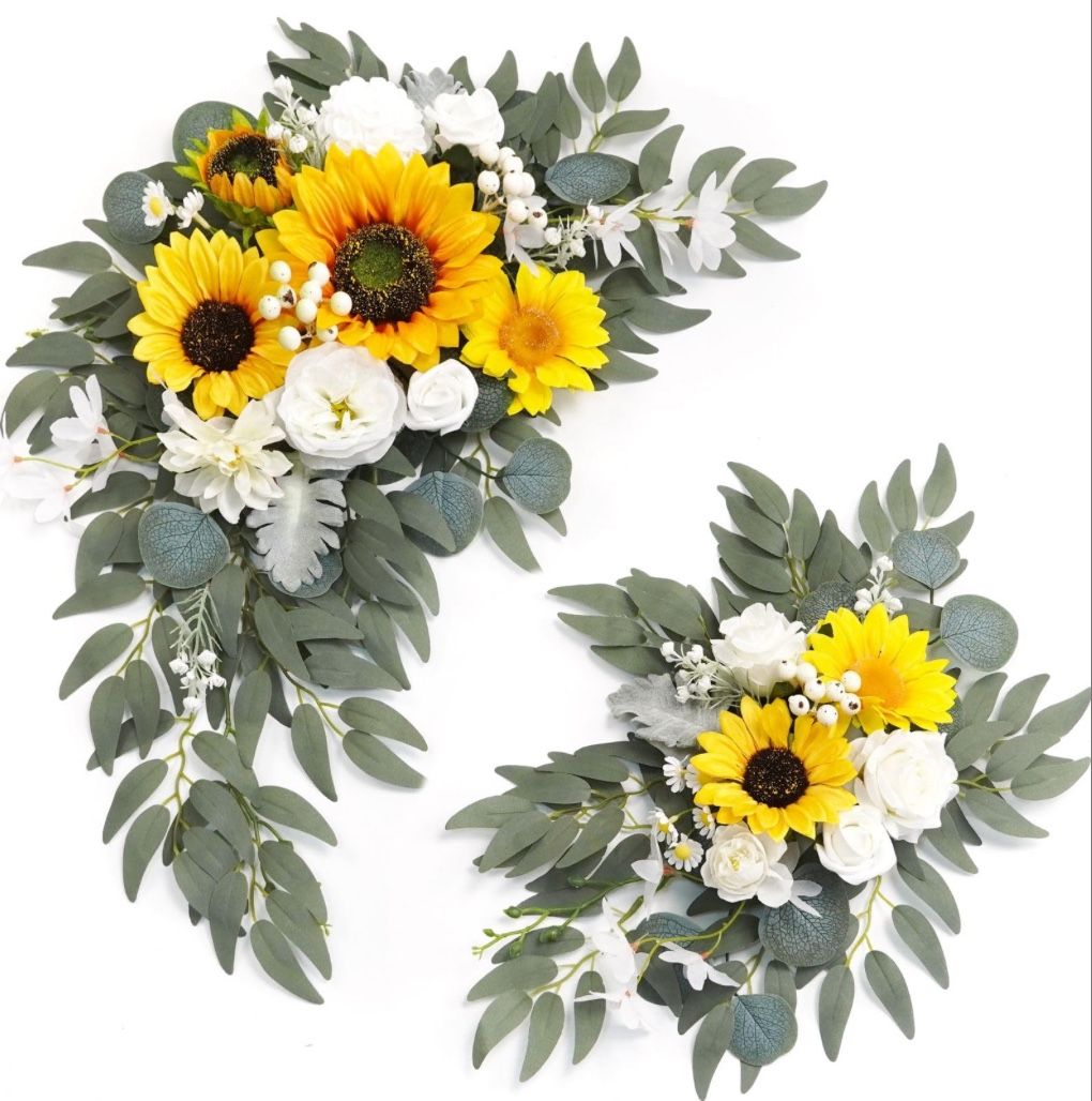Piklado Faux Flower Swag Set Of 2 For Wedding Welcome Signs Floral Swag Wedding Reception Ceremony Signs Decor (Sunflower & White)