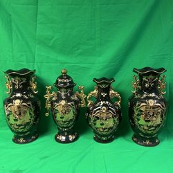 Vintage Limoges France Black 24K Gold Porcelain Big Size Vase w/Lion Handles 