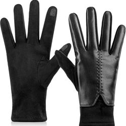 Womens Leather Winter Touchscreen Laptop Texting Phone Windproof Fleece Lined Dress Driving Gloves
