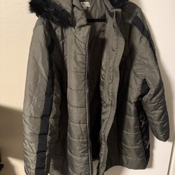 Avenue Olive Puffer Jacket With Faux Fur Trim