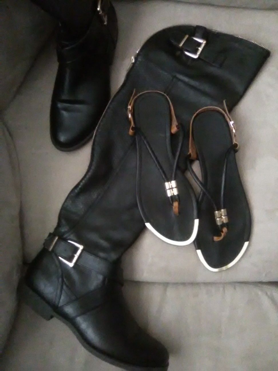 Zip/Buckle Flat Boot & Gold Trimmed Leather Thong Sandals