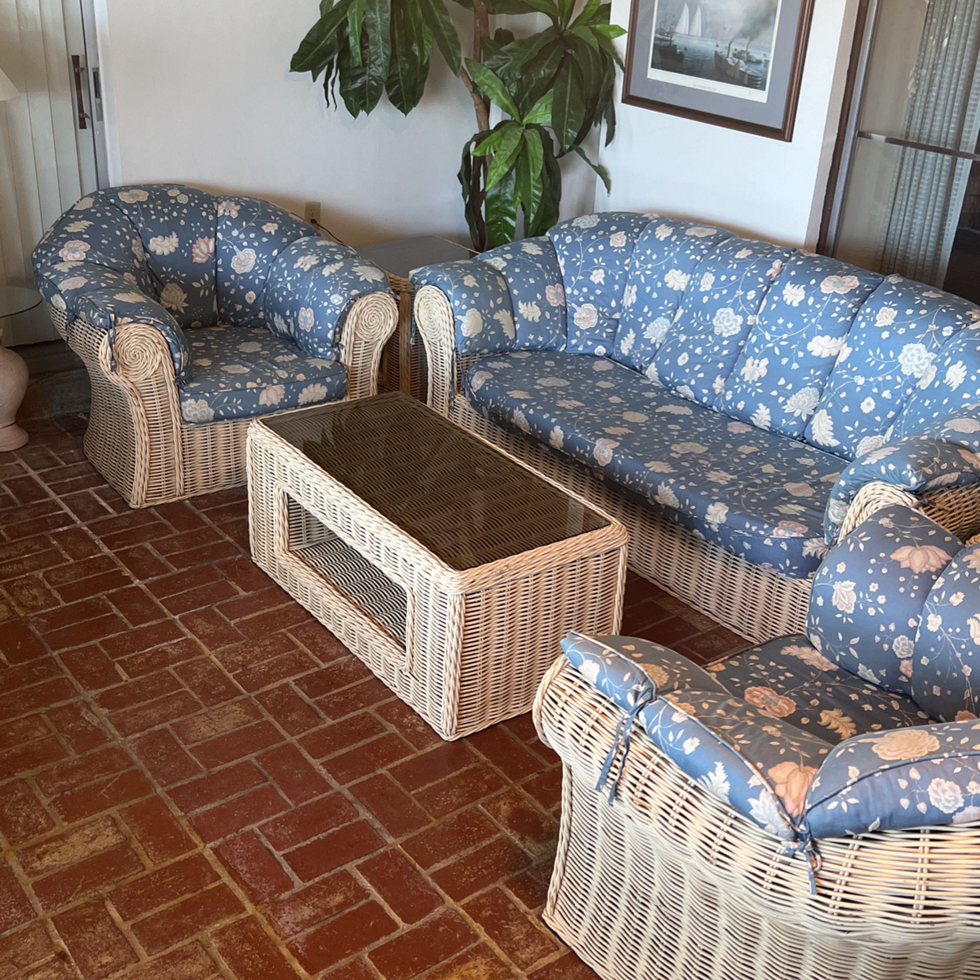 Vintage Woven Rattan 6 Piece Sofa Chairs & Tables Set