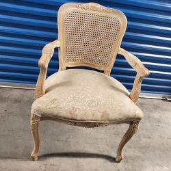 Vintage French White Dinning Room Arm Chair Seat Wood Weave Woven Back