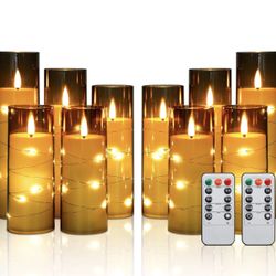 Enido 10 Pc Flameless LED Candles with Remote Timer Battery Operated Acrylic Pillar Set - Gray