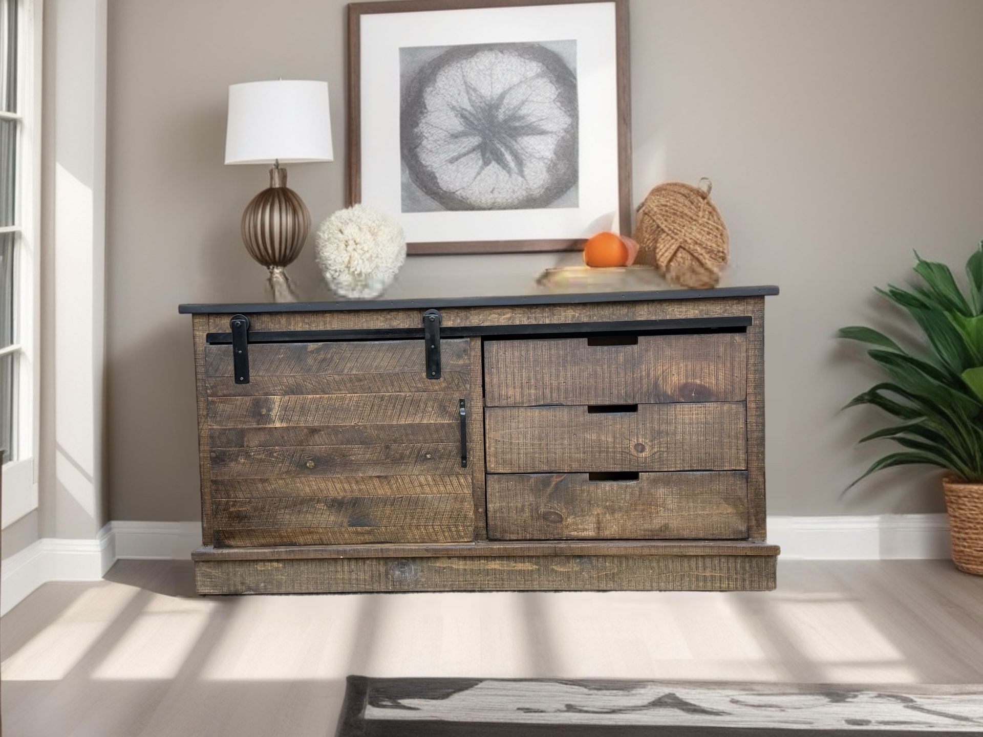 Farmhouse entertainment console cabinet.