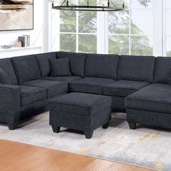 5-pc Sectional Sofa With Ottoman Chenille Fabric Slate Black Or Slate Grey