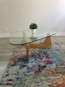 Modern Glass Coffee Table w/ Sculptural Wood Base