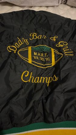 custom embroidered varsity/coach-style jacket celebrating M.H.R.T. football championships (1989, 1990, 1991) with “Bulldog Bar & Grill Champs” stitche