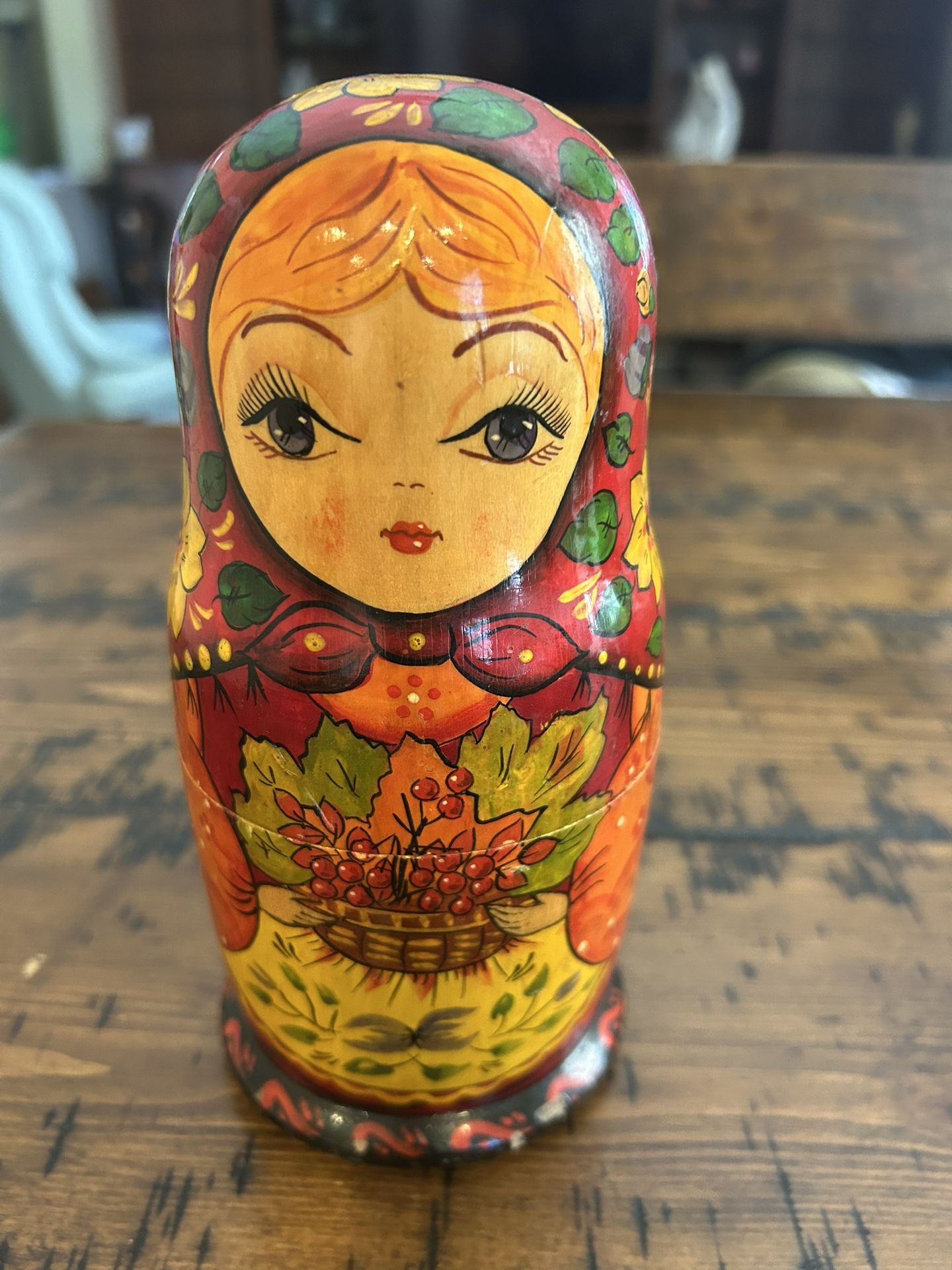 Vintage Authentic Russian set of 5 matpewka nesting wooden dolls Hand Crafted And Hand Painted -No Two Are Exactly Alike