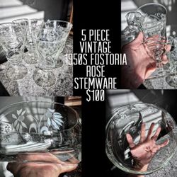 $100 (5 PIECE VINTAGE 1950S FOSTORIA ROSE STEMWARE)