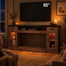 70" TV Stand for TVs Up to 85", Farmhouse Storage Cabinets & Adjustable Shelves, Rustic Oak