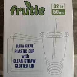 50 Disposable Plastic Cup, Lid, & Straw Sets. New In Box. Never Opened. 