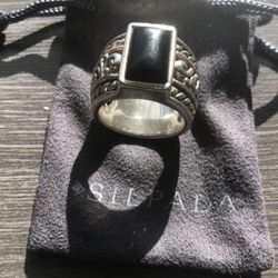 Silpada .925 silver black chalcedony scrolled wide band ring. size 8 3/4”  18.2 grams  R1096