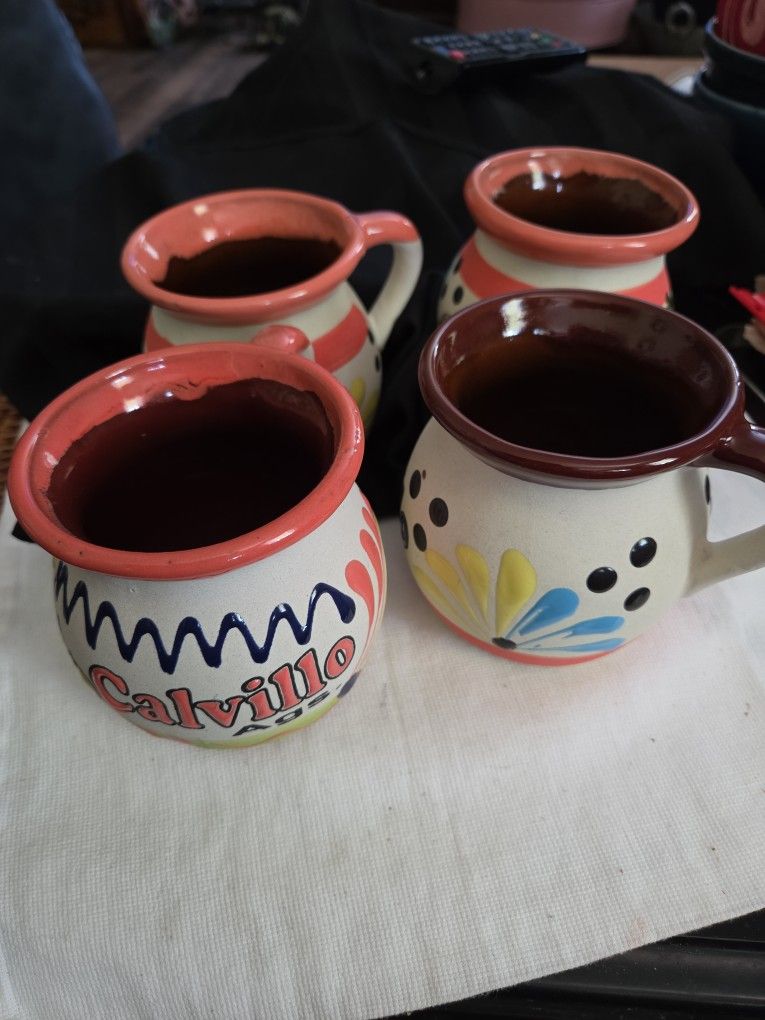 Set of 4 Colorfull Mexican Clay Mugs."jarritos"
