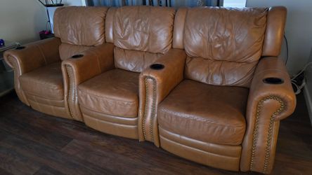 Brown Leather Power Reclining Theater Sofa – 3 Recliners w/ Cup Holders