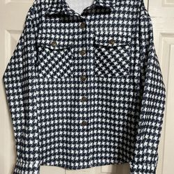 Women’s Navy Blue Plaid Print Single Breasted Fashion Coat Size Medium 