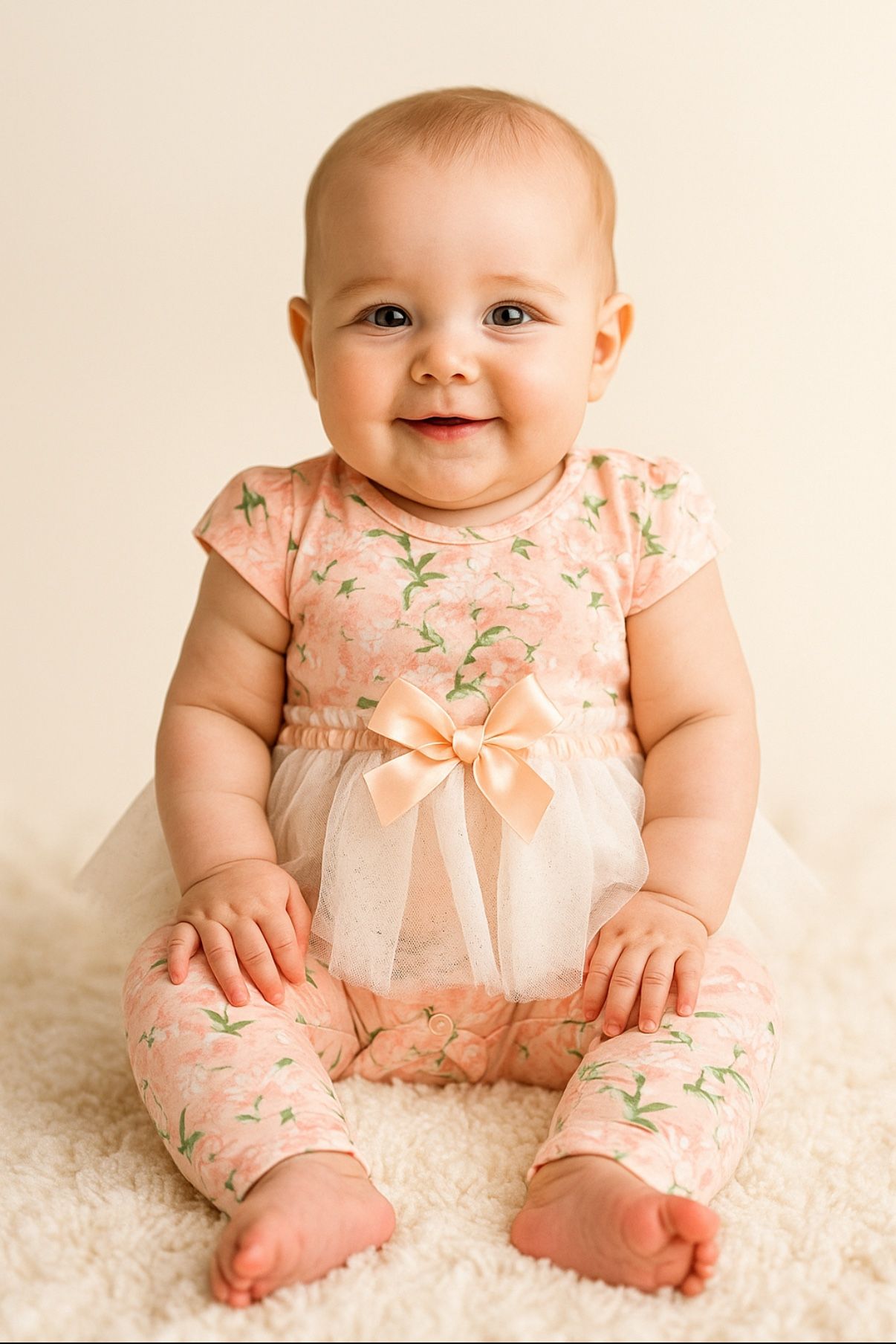Pink floral infant baby outfit with attached tulle skirt and bow