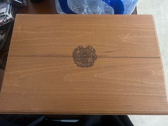 Wood Storage Chest Hinged Lid Burgundy Lined Crown Theme 19 x 14 x 7 in  Armenian coat of arms