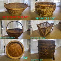 Vintage Bamboo Rattan Wicker Boho Plants Magazine Storage Record Baskets (Set of 6)