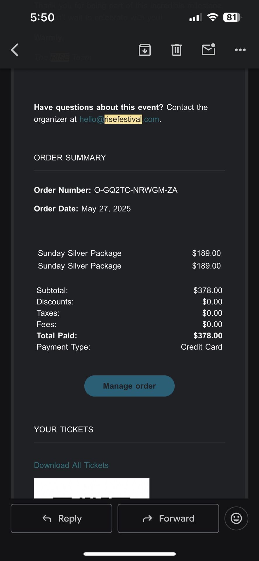 2 Rise Festival Sunday Tickets