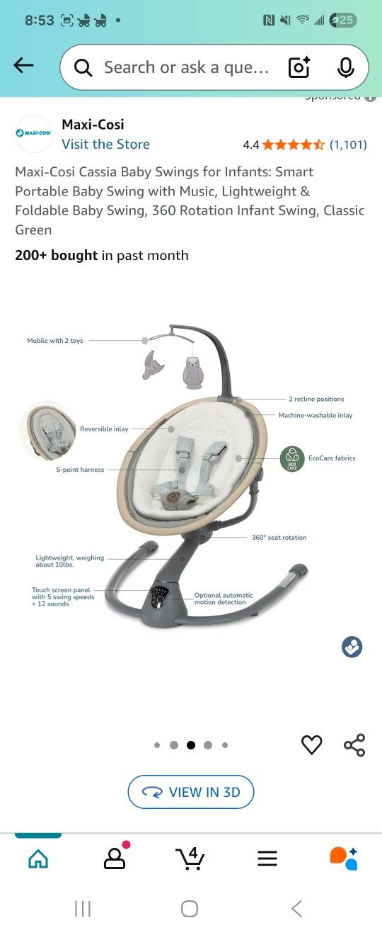 Maxi-Cosi Cassia Baby Swings for Infants: Smart Portable Baby Swing with Music, Lightweight & Foldable Baby Swing, 360 Rotation Infant Swing, Classic