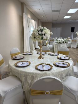Gold Sashes & Ivory Satin Round Linens