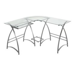 Glass L Shape Computer Desk Walker Edison Ellis Modern Glass Top L Shaped Corner Gaming Desk with Computer Keyboard Tray, 51 Inch, Silver