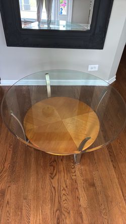 Round Glass Top Coffee Table with Wood Base