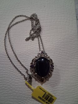 Silver-Tone Pendant Necklace with Black Oval Stone
