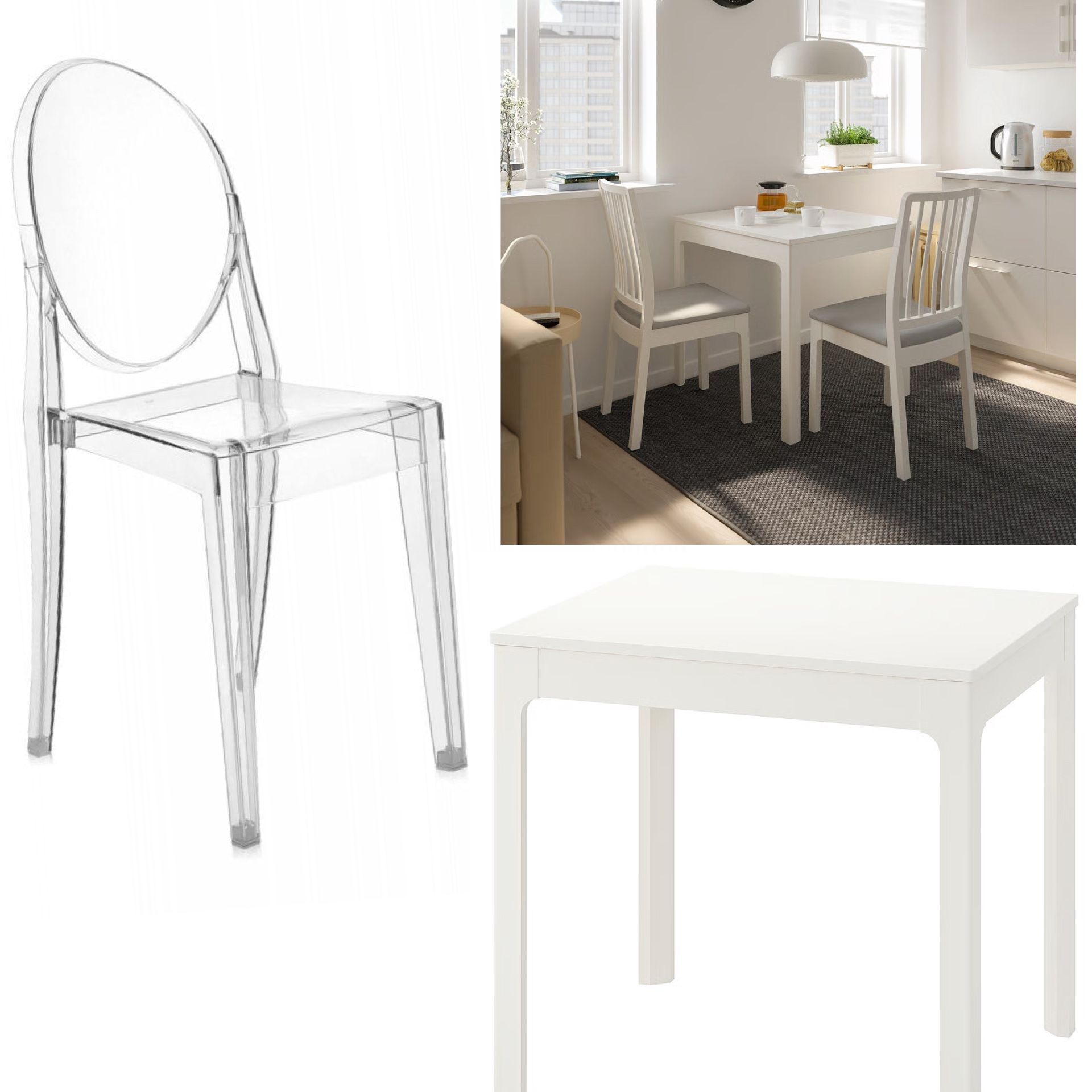 IKEA EKEDALEN Extendable Dining table, white $200 4 Clear Modway Casper Modern Acrylic Stacking Dining Side Chairs