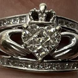 White Gold And Princess Cut Diamond Claddagh Ring